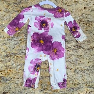 NWOT Burt’s Bees Purple Flower Ruffle Back Romper Sz 0-3